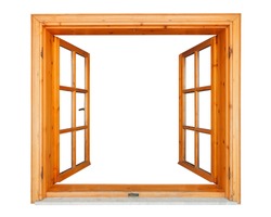 Wooden window opened with marble ledge isolated on white background