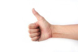 Hand of man showing thumb-up gesture on white background. Sign Fingers OK. Fingers 
