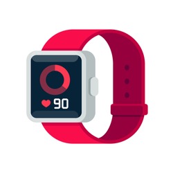 Fitness tracker smart watch illustration with heart rate monitor, flat cartoon vector style design. Modern stylish wearable device.