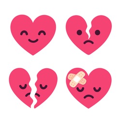 Cartoon broken heart fixed with bandage. Cute sad face character set, breakup and heartbreak vector illustration.