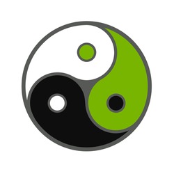 Triple yin yang symbol, three colors in balance. White, black and green. Vector clip art illustration on white background.