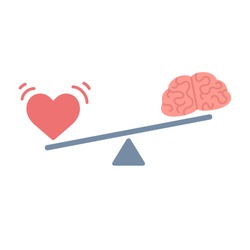 Illustration of the concept of balance between logic and emotion. Cartoon brain and heart on a scale. Simple and modern flat vector style, isolated on white background. 