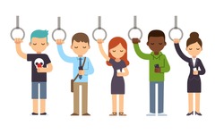Diverse people on subway commute looking at smartphones. Vector illustration in simple flat style.
