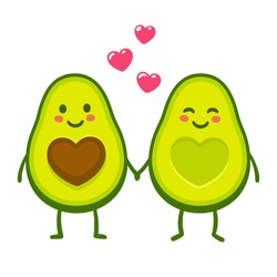 Cute cartoon avocado couple holding hands, Valentine's day greeting card. Avocado love with hearts vector illustration.