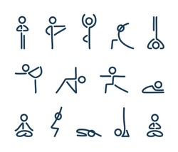 Simple stylized yoga poses icon set. Stick figures in yoga asanas, vector illustration.