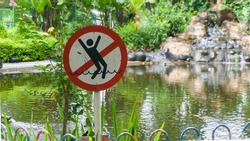 Beware of drowning sign. Forbidden to swim symbol.  Deep water risk of drowning