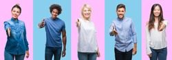 Collage of group of young casual people over colorful isolated background smiling friendly offering handshake as greeting and welcoming. Successful business.