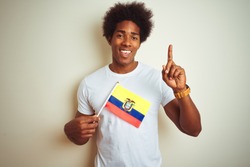 Afro american man holding Colombia Colombian flag standing over isolated white background surprised with an idea or question pointing finger with happy face, number one