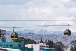 yellow cable car means of transport with a view of the city of bolivia and el alto in a sunset with blue sky and clouds with natural light
