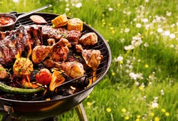 Summer barbecue cooking over a hot fire with assorted vegetables, T-bone steak and spicy chicken legs sizzling on the grill in a green meadow
