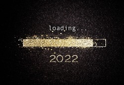 Vector illustration of golden loading bar symbolizing New Year 2022 with lettering and blinking sparkles on black background