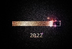 Modern 2022 New Year graphic design template with golden loading bar and glimmering particles on black background