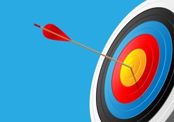 Archery target and arrow 3D on blue isolated design for sport game and business vector background illustration.