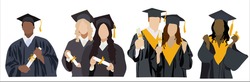 Different ethnic graduated student. Happy students with diplomas wearing academic gown and graduation cap, group with education certificate