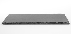 Empty dark grey rectangular shale plate on white background