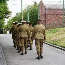 Man dressed as World War I soldiers marching in Shropshire