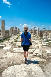 Denizli, Pamukkale, Turkey, 2022 July:Laodicea Ruins of the ancient city. Laodikeia is a Hellenistic city in Denizli. Female tourist visiting the ancient city.
