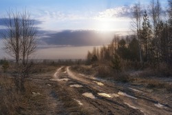 Mysterious frosty morning at the end of autumn in the Urals (Russia). A mixed forest and a road with frozen puddles are shrouded in mist. The sun is reflected on the ice and glitters 