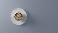 Latte arts coffee with white cup, top view closeup on blue color background,Cafe and bar, barista art concept.