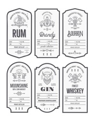 Set of vintage bottle label design with ethnic elements in thin line style. Alcohol industry emblem, distilling business. Monochrome, black on white. Editable text