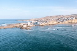 Aerial view of the harbor of Imsouane, Morocco. Longest right wave of Africa.