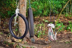 a village children's playground with three swings made of used motorcycle tires and white burlap, hung between the branches of an avocado tree behind the house.