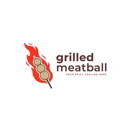 grilled spicy hot satay meatball logo icon with red hot flame