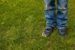 Children's feet in blue jeans and dark sneakers with blue inserts on the green grass with a place for text
