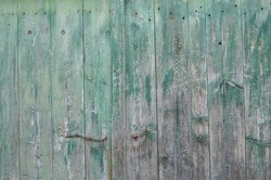 Wooden background made of grey wood covered with green paint. Wooden plank old gates with chain and handle.