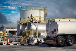 Equipment of the fuel terminal of the international airport. Jet A1 fuel transfer pumps, tanker and stored fuel tanks, firefighting equipment and filling station