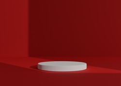 Simple, Minimal 3D Render Composition with One White Cylinder Podium or Stand on Abstract Shadow Neon Red Background for Product Display Window Light Coming from Right Side