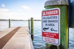 Alligator and snake danger warning sign on Florida lake by pier boating dock no feeding swim at your own risk