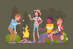 Campfire outdoor fun. Happy young friends at camp or picnic, enjoy roasting marshmallow at fire, sitting at beach bonfires in a night wood, warming and talking. Vector flat style cartoon illustration