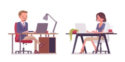 Male and female office secretary working at desk. Smart man and attractive woman in elegant wear, assisting in paper work. Business workwear trend, city fashion. Vector flat style cartoon illustration