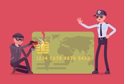 Credit card hacking. Masked man trying to gain unauthorized access, theft and fraud committed, cardholder attack, police security help to stop financial crime. Vector flat style cartoon illustration