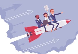 Business team go high to success on a rocket. Leaders moving company to the top, profitable strategy developing in right direction. Business motivation concept. Vector flat style cartoon illustration