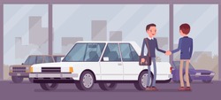Dealer in car showroom displays vehicle for sale. Male automobile seller and customer makes an agreement in sales agency, man buying new auto, business deal in shop, loan approve. Vector illustration