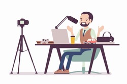 Blogger podcaster streaming. Man writing material to blog, reviewing for online journal or website content, posting short video to vlog, recording program. Vector flat style cartoon illustration