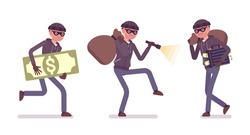 Thief, a masked man stealing money. Burglar committing robbery, outlaw fraud operating lawless financial crime, bandit tiptoeing with a stolen sack, flashlight. Vector flat style cartoon illustration