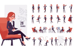 Businesswoman, young red haired office worker character set, pose sequences. Manager in formal wear, administrative person, corporate employee. Full length, different gestures, emotions, positions