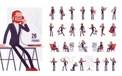 Businessman, young red haired office worker character set, pose sequences. Manager in formal wear, administrative person, corporate employee. Full length, different views, gestures, emotions, position
