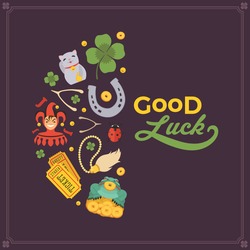 Vector decorating design made of Lucky Charms, and the words Good Luck. Colorful card template with copy space