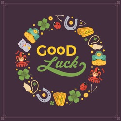 Vector decorating design made of Lucky Charms, and the words Good Luck. Colorful card template with copy space