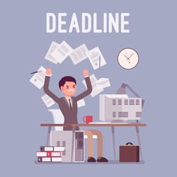 Deadline in paper work. Young male office employee unhappy with overload, throwing documents failed to complete job in time. Vector flat style cartoon illustration isolated on blue background