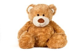 A teddy bear on a white background. Soft children's toy close-up.