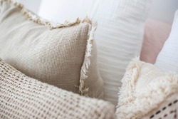 Cushion Pillows Interior Home Design, Coastal Neutral Toned Pillows and Cushions. Detail threes cushion and pillows in bedroom staging design. Home Bedroom Inspiration, coastal toned pillows