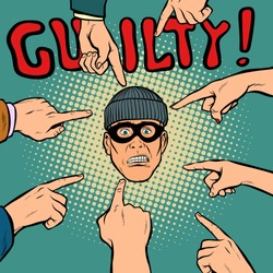 guilty thief robber, hands point to the center. Pop art retro comics cartoon vector illustration kitsch drawing