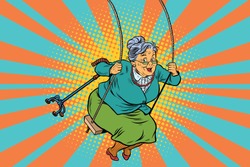 Old woman swinging on a baby swing. Pop art retro vector illustration. Granny with a crutch