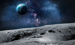 Surface of Moon. Planet Earth on background. Space collage. Elements of this image furnished by NASA.