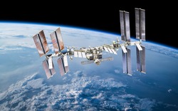 International space station on orbit of Earth planet. ISS. Dark background. Elements of this image furnished by NASA